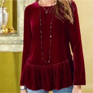 Sundance Blouse Womens Size S Burgundy Velvet Peplum Tunic Long Sleeve